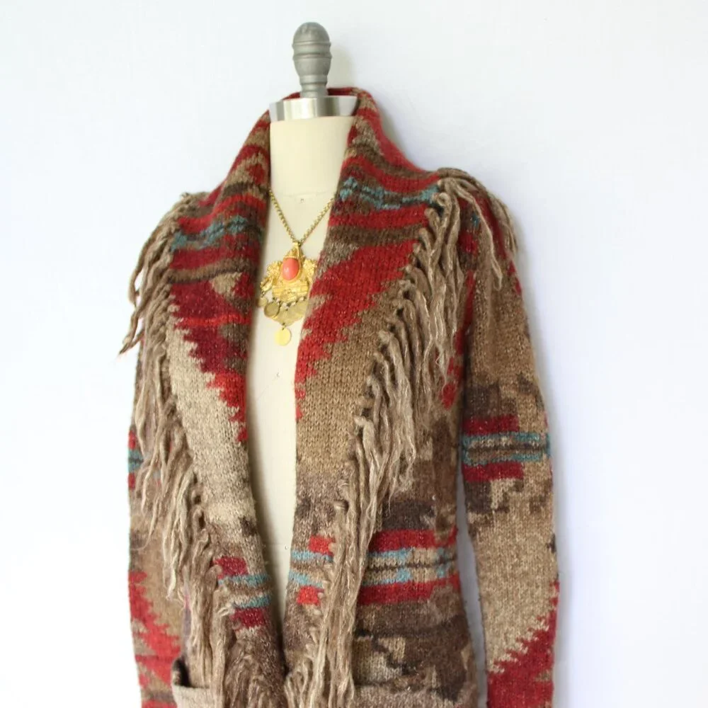 SOLD. RALPH LAUREN Denim Supply fringe polo RRL wool Aztec tribal Cardigan - Picture 3 of 10